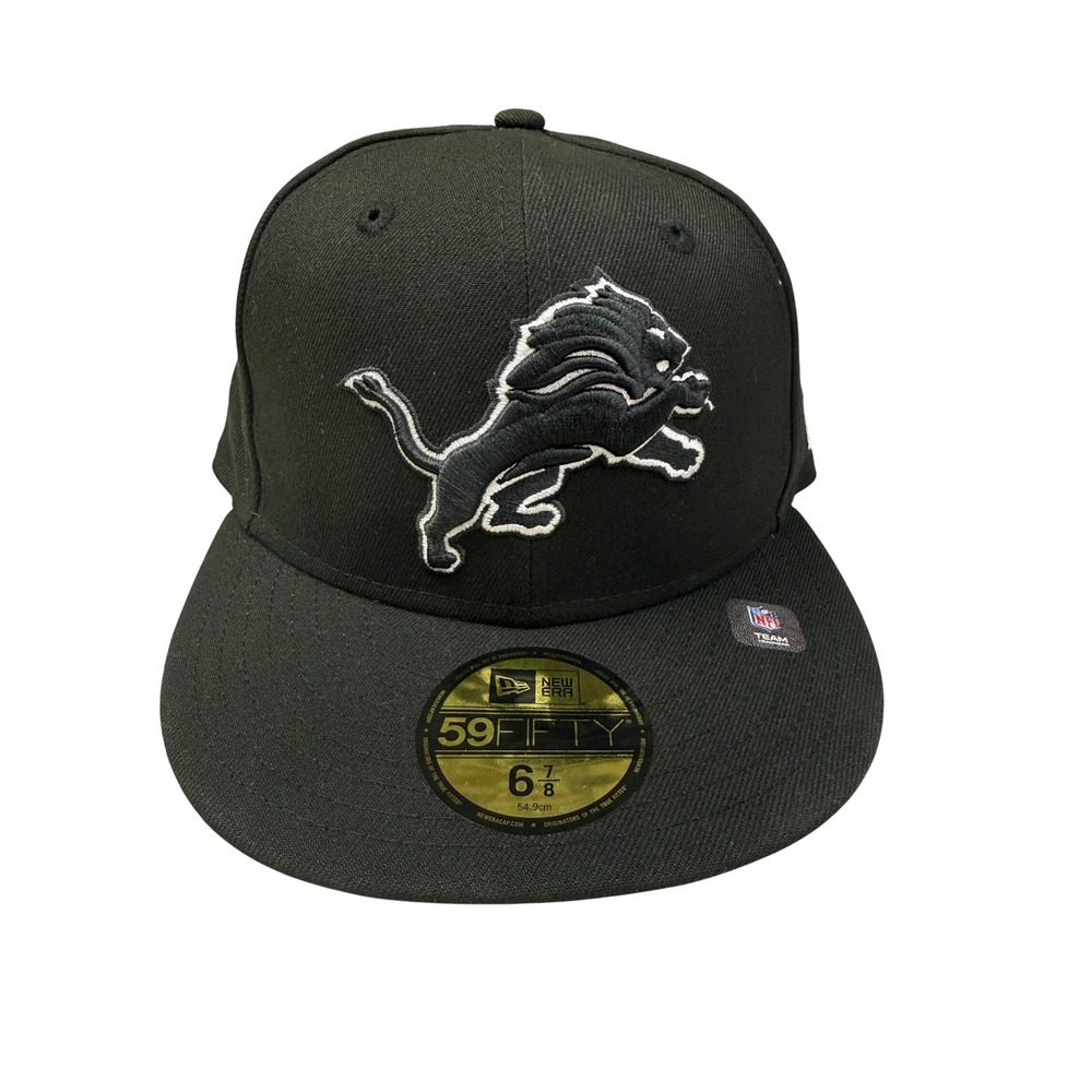 New Era 59FIFTY Detroit Lions Hat Mens Black White Fitted Cap 6 7/8 NFL Football